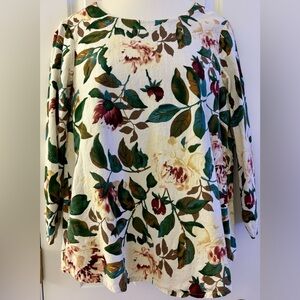 Cellabie Tunic, XL, fall botanicals floral, greens, browns, burgundy, cream, EUC